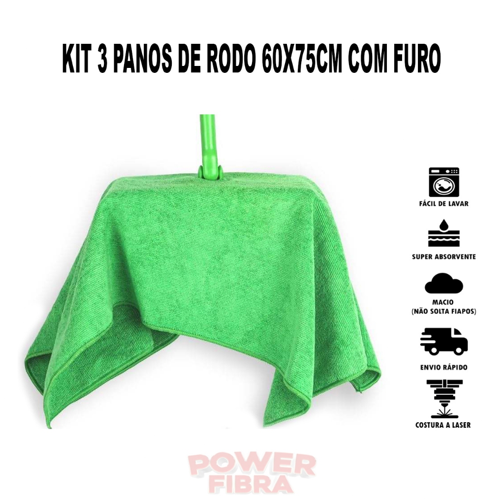 Kit 3 Panos de Chão Microfibra 70x60cm Furo para Rodo Dupla Camada