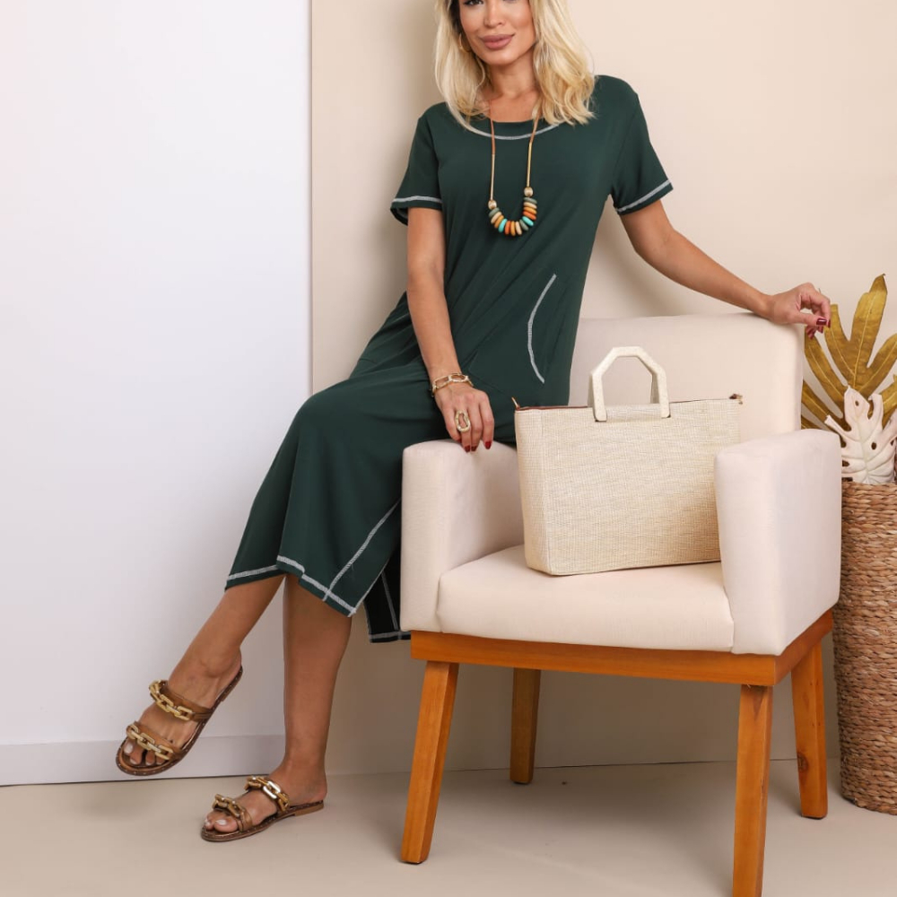 Vestido Midi Feminino Pespontado com Bolso Fenda Manga Curta Soltinho