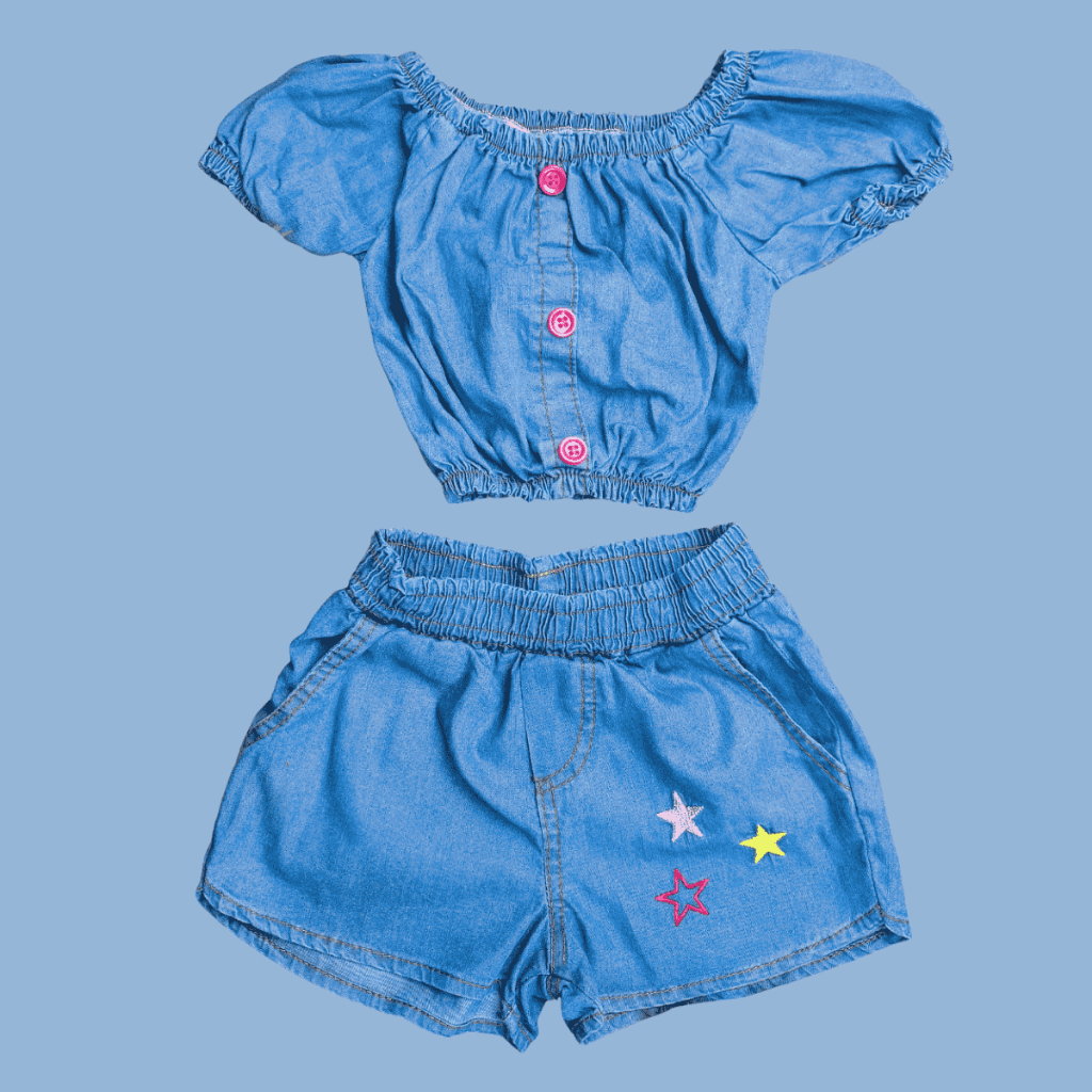 Conjunto Top e Short Jeans Infantil Menina Presente Aniversário Férias Shopping Verão Parque