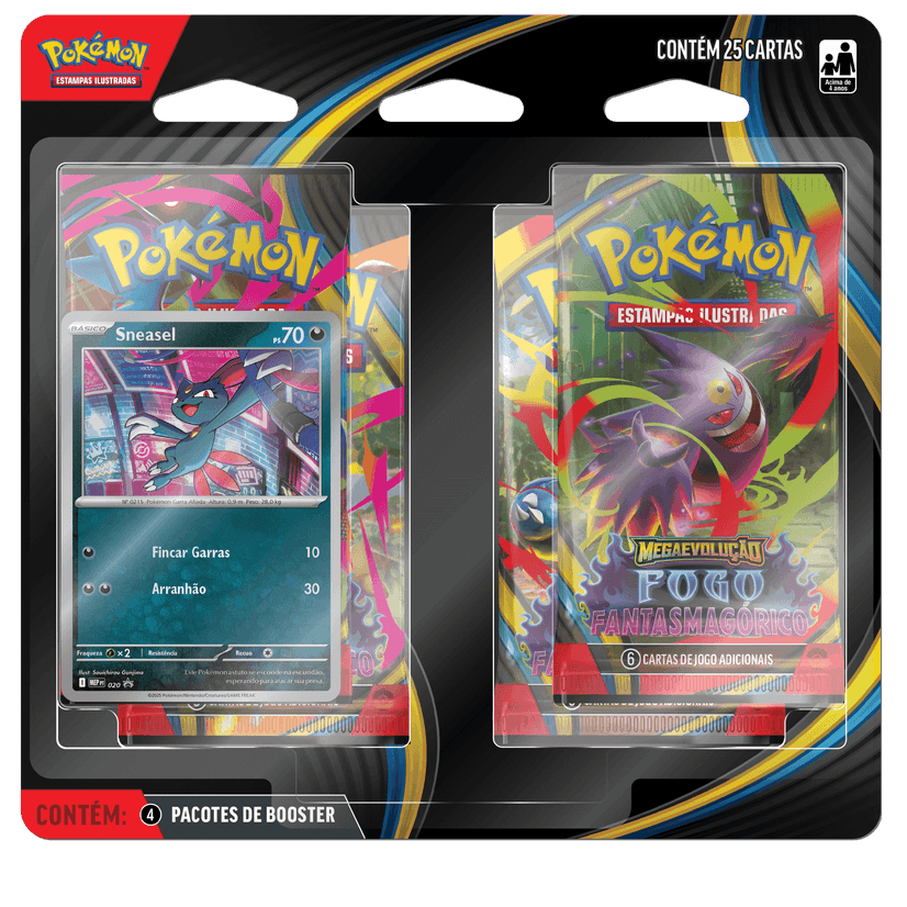 Blister Quádruplo Pokémon Mega Evolução 02 COPAG TCG Booster Cartas Fogo Fantamasgórico