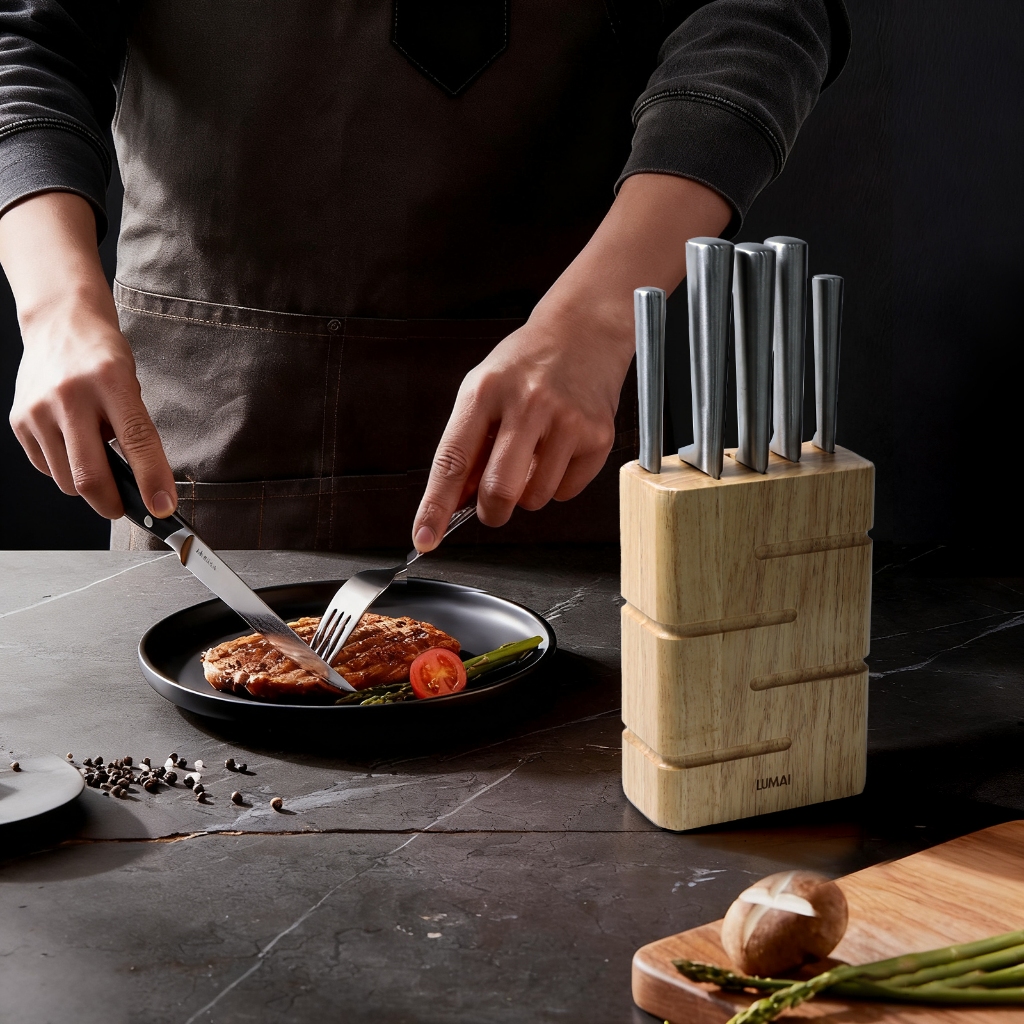 Lumai Kit 5 Facas Inox Cepo Madeira Suporte Organizador Cozinha Chef Santoku Pão Carne — imagem 2 de 2