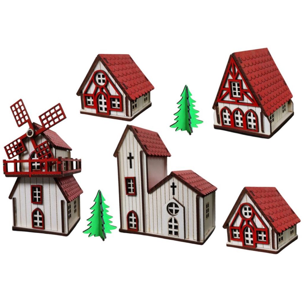 Kit Vila Natalina 7 peças  Madeira Decoração Casa Pintada nas cores Vermelha, Rosa e Dourada