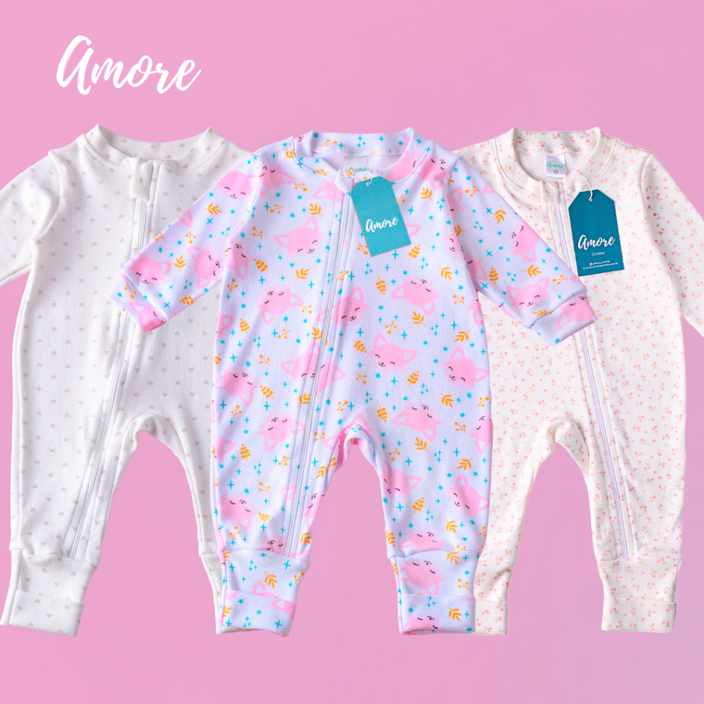 Kit 3 Macacão Menina Amore Vira Pé Floral Recem Nascido a 12 Meses 100% Algodão