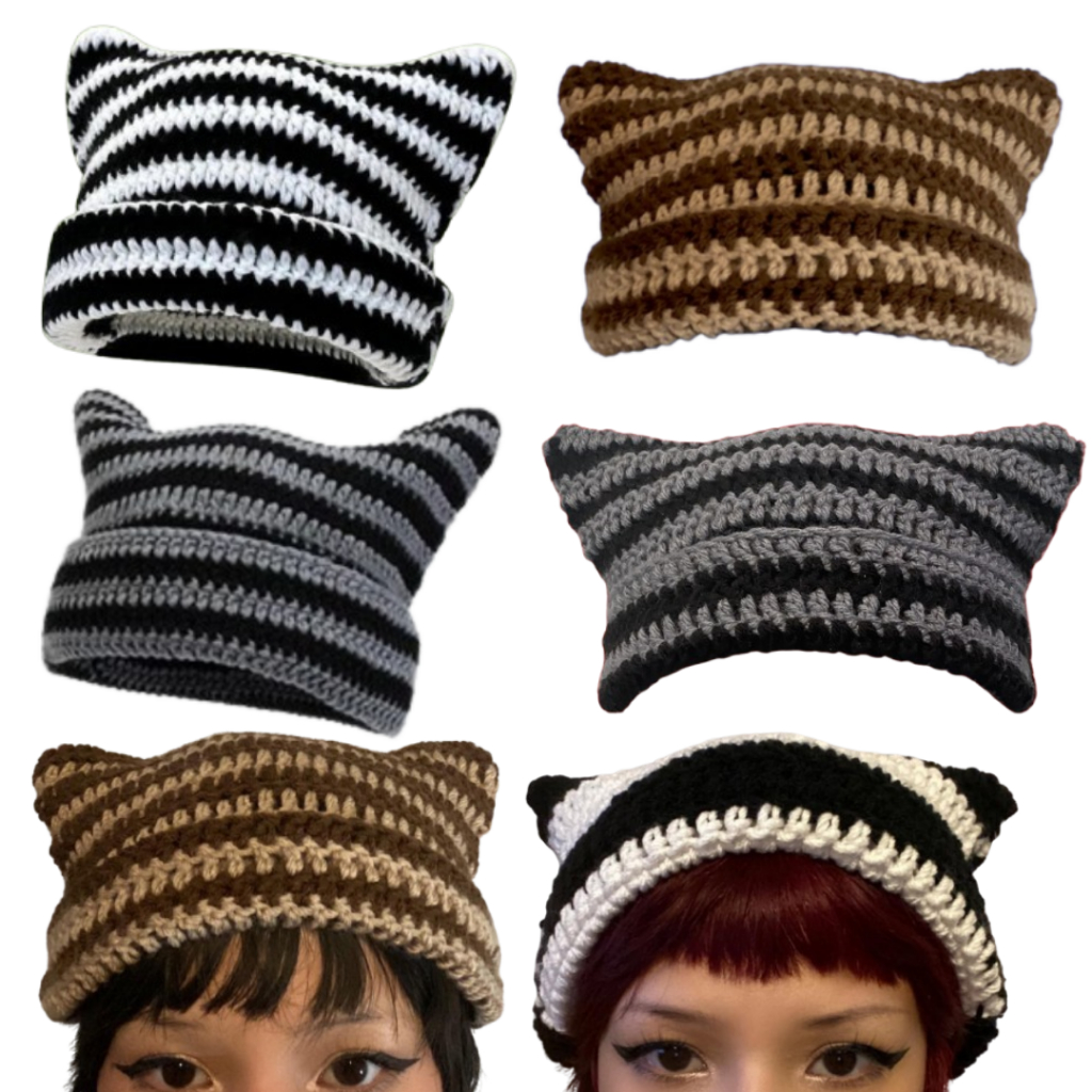 Touca Gorro Cat Beanie com Orelhas Crochê Kawaii Fofo Emo y2k Kpop Cosplay Coquette