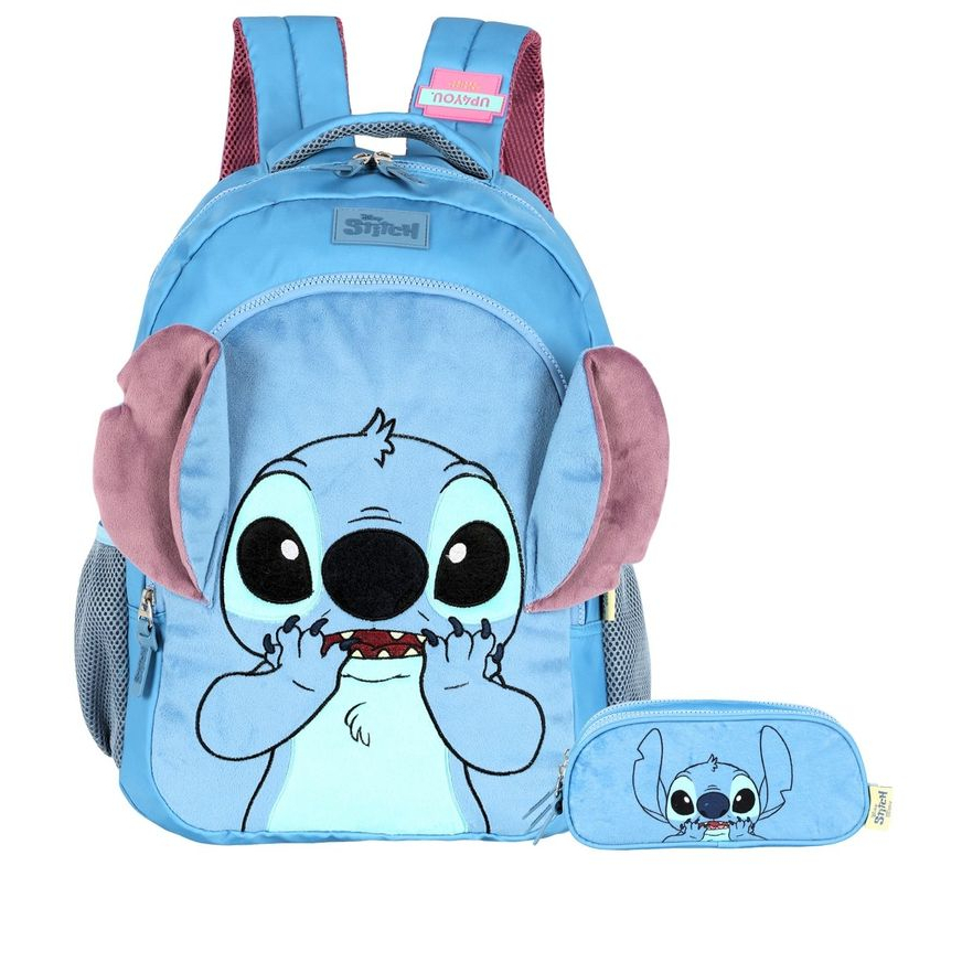 Kit Conjunto Escolar Juvenil Pelúcia Menina Disney Lilo Stitch & Angel Mochila de Costas + Estojo Triplo