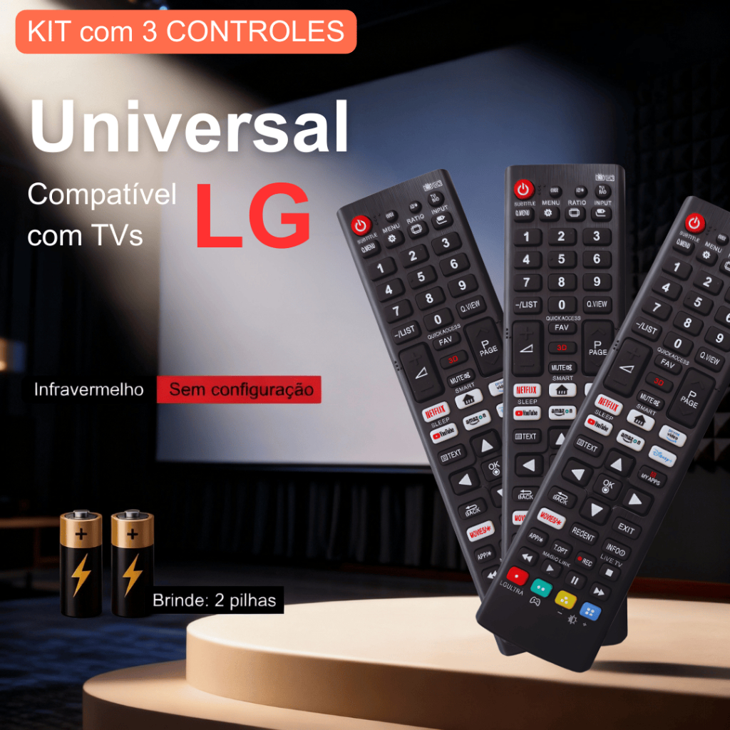 Kit 3 Controle Remoto LG Smart Universal — IR, plug & play, acompanha 2 pilhas.