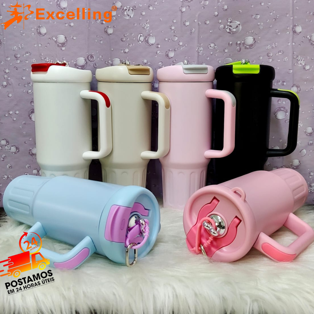 Copo Térmico Gigante 1,2L Inox 304 com Alça e Canudo Inox - Parede Dupla a Vácuo ZQL-027 em Oferta na Shopee