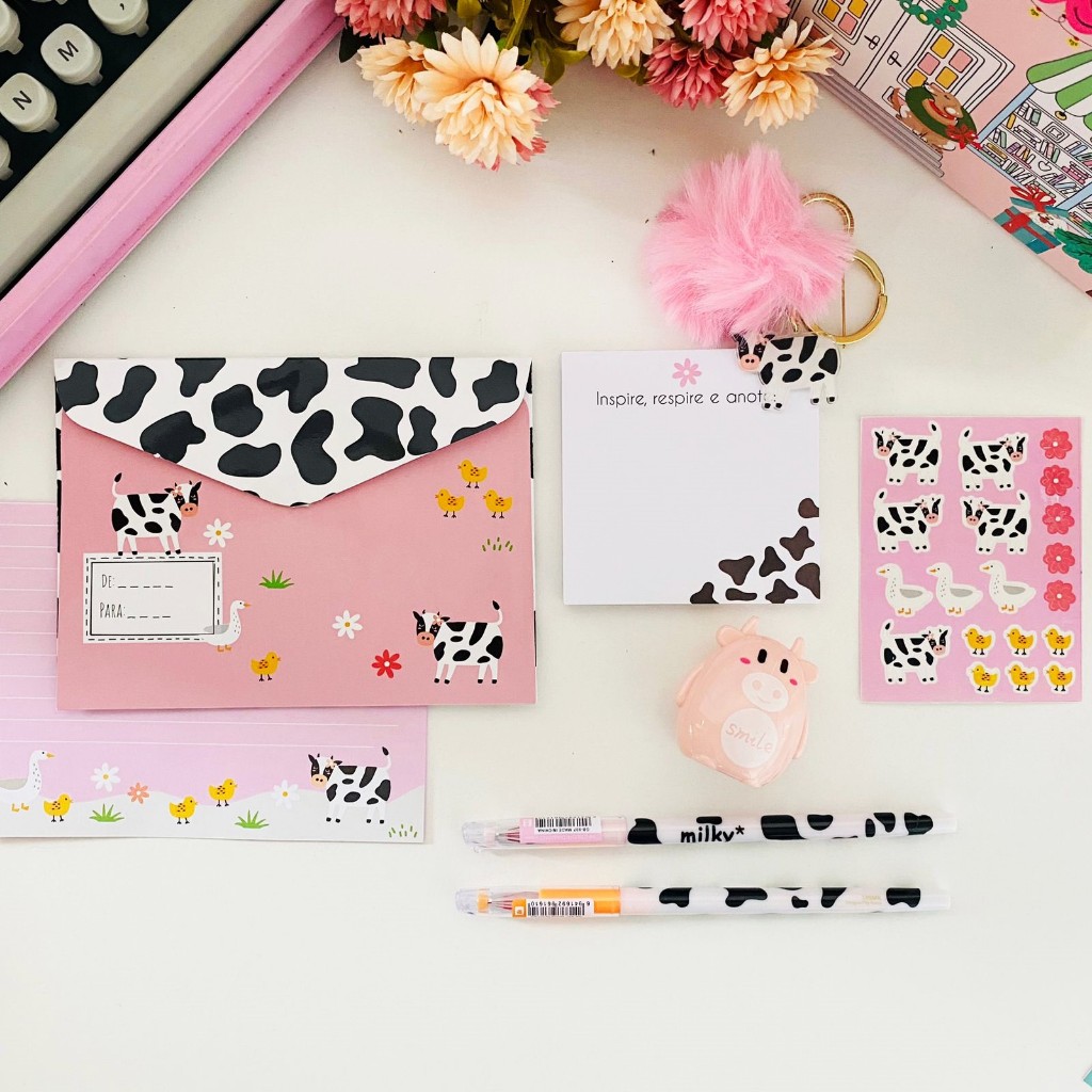 Kit Papelaria Tema Vaquinha Malhada - Kits de Presente Papelaria Fofa Buendia