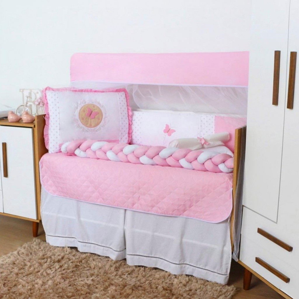 Kit Berço Borboletinha Bordado Menina Americano 10 Peças Completo  Lateral  Trança Rosa 100% Algodão