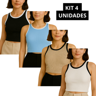 KIT COM 4 SUPER CROPPED Bicolor Blusinha Feminina Moda Básica Regatinha Dia dia em Oferta na Shopee