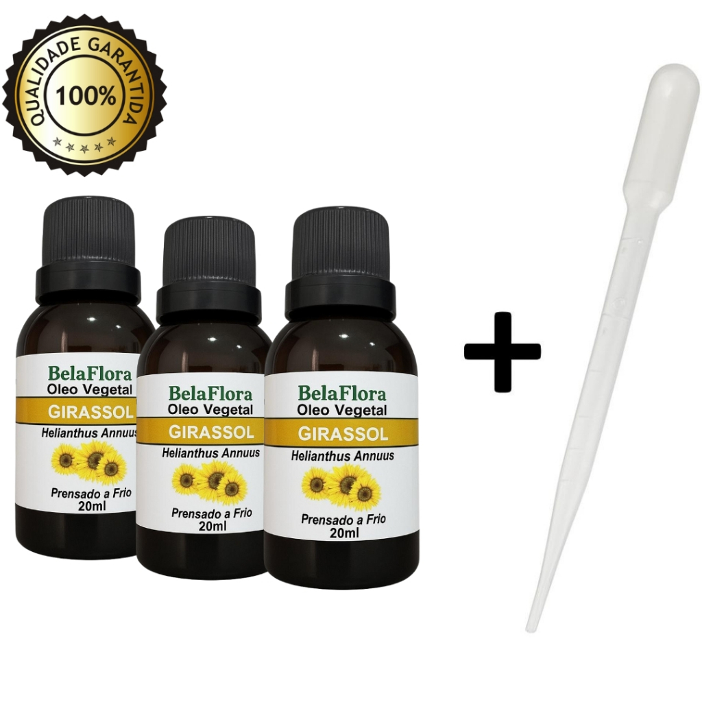 kit 3 Óleo de Girassol Cicatrizante Puro 20ml 100% natural  Pele Hidratada + Brinde Pipeta Dosadora