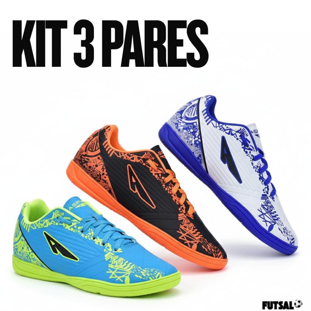 Kit 3 Pares Chuteira Futsal Masculino Quadra Salão Adulto Macio Leve Solado Colado E Costurado