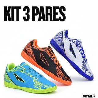 Kit 3 Pares Chuteira Futsal Masculino Quadra Salão Adulto Macio Leve Solado Colado E Costurado
