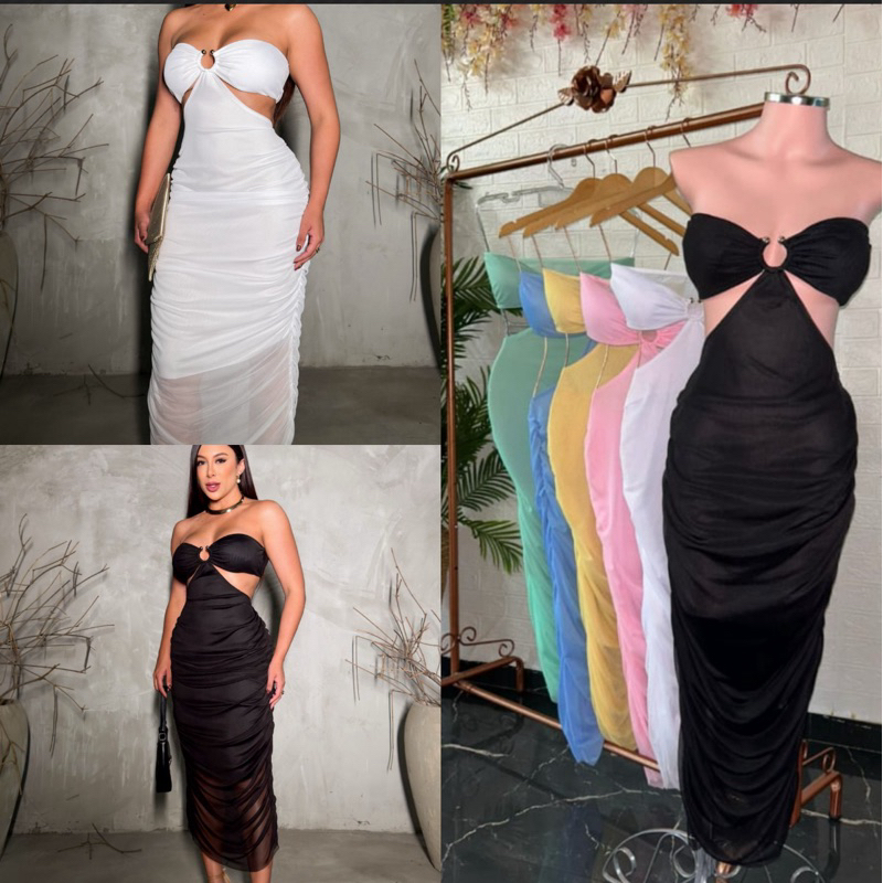 Vestido Midi tule branco e preto moda balada moda verão moda fim de ano ano novo