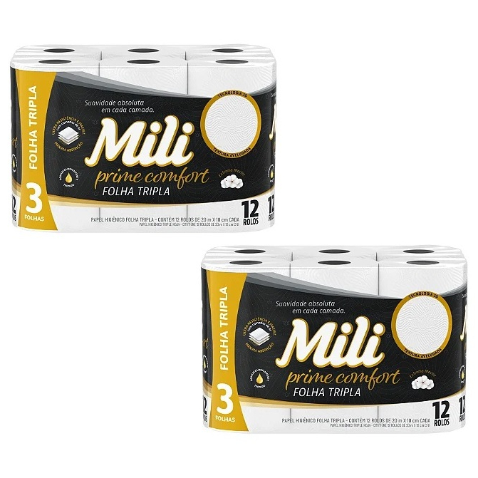 Kit 24 Rolos Papel Higiênico Mili Prime Comfort, Folha Tripla, 2 Pacotes Com 12 Rolos Cada