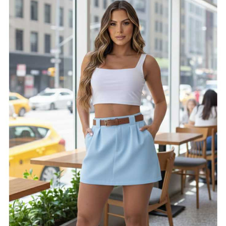 Short Saia Feminino com Pregas e Cinto – Tendência Verão