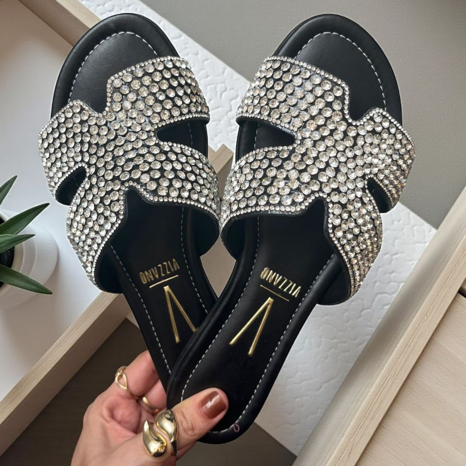 Sandália Rasteira Vizzano chinelo Pedraria Cravejada Brilho e Festas original strass lançamento