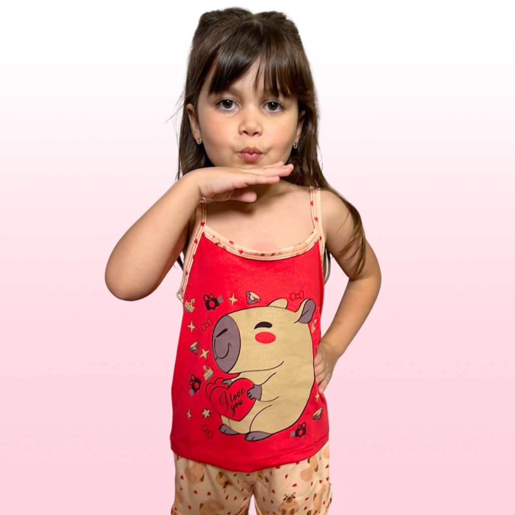 Baby Doll Infantil Stitch e Capívara Confort Conjunto Short Doll Verão Pijama