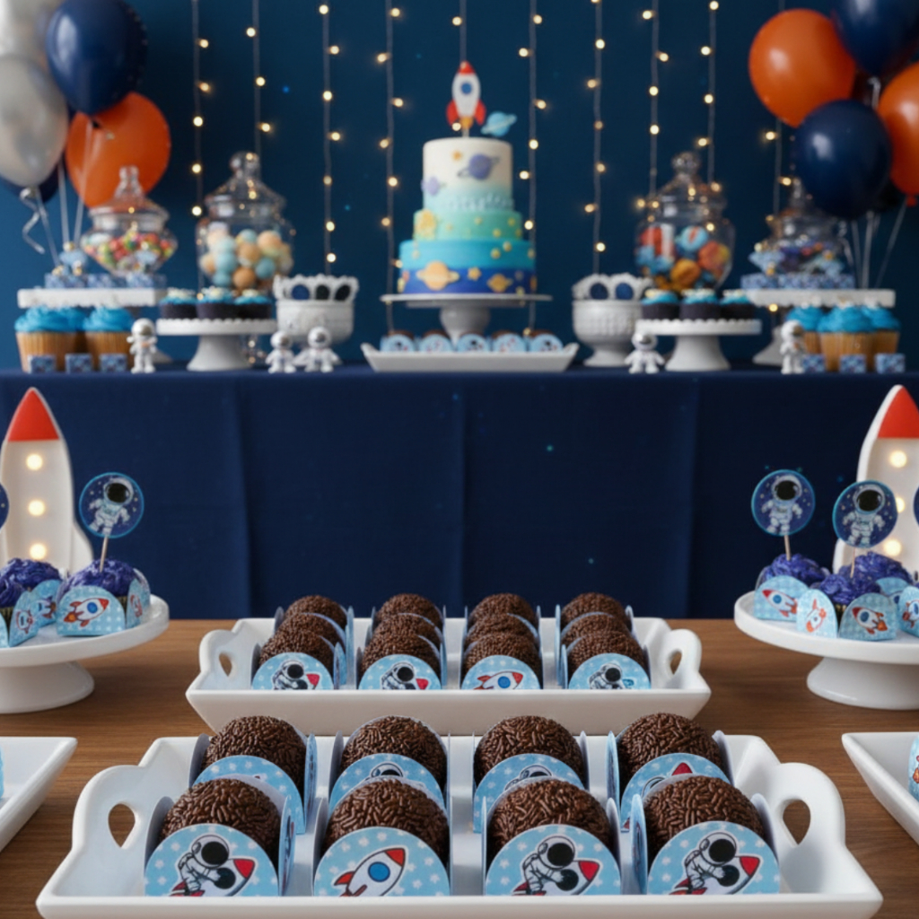 Kit 50 Forminhas Astronauta de Doce Brigadeiro Personalizada 4 Pétalas Festa Aniversário Mimos
