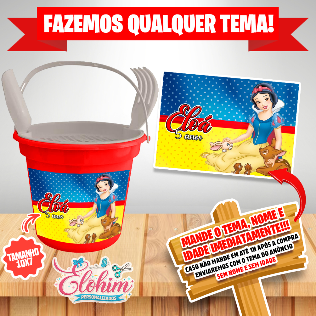 Rótulo Adesivo para personalizar Balde Praia (FAZEMOS QUALQUER TEMA) Branca de neve