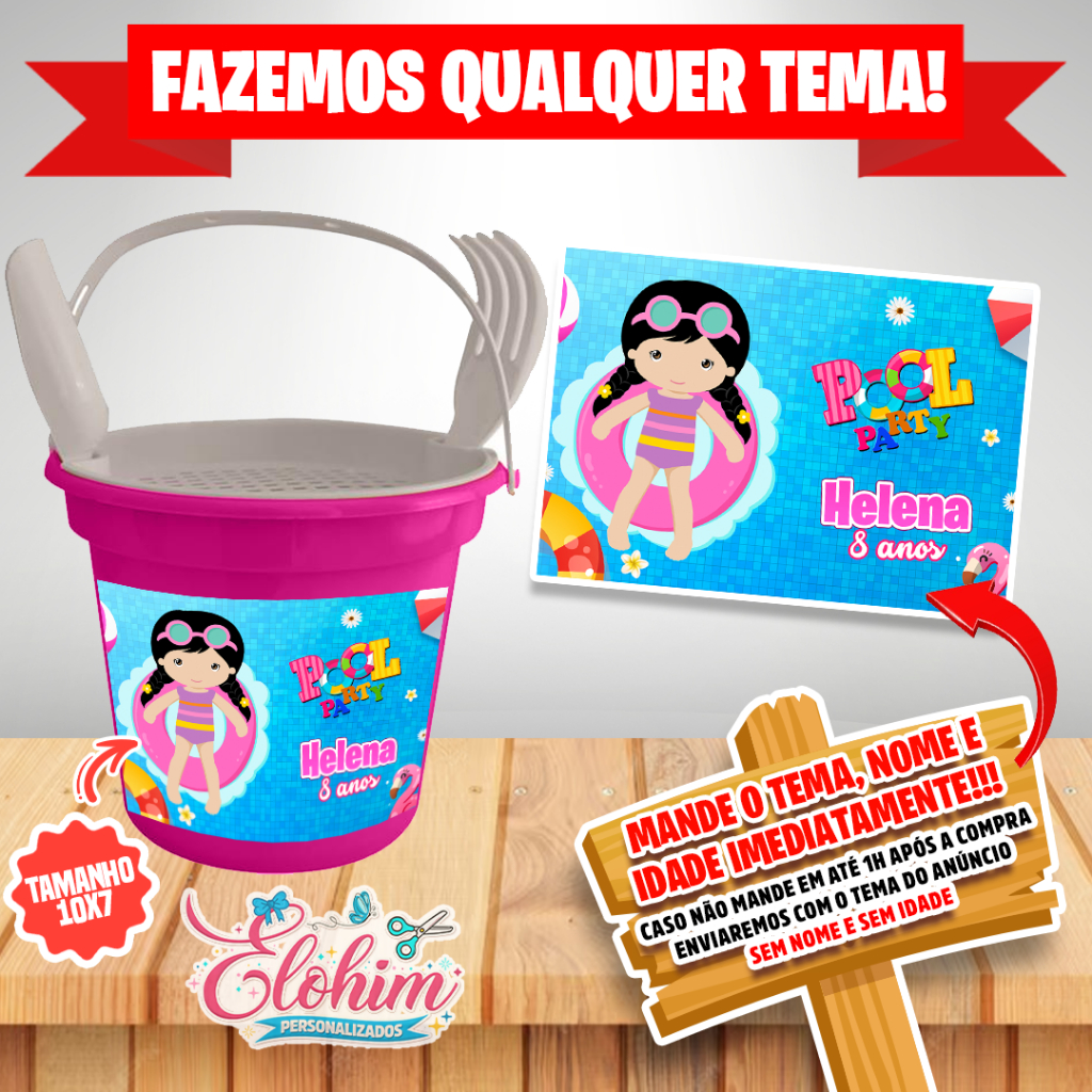 Rótulo Adesivo para personalizar Balde Praia (FAZEMOS QUALQUER TEMA) Festa na piscina menina pool party