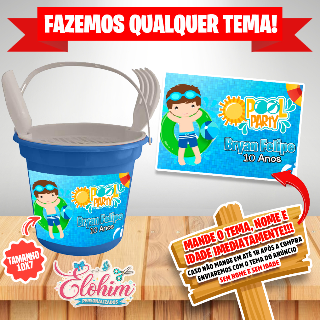 Rótulo Adesivo para personalizar Balde Praia (FAZEMOS QUALQUER TEMA) Pool Party fest na piscina menino