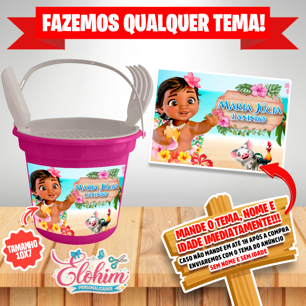Rótulo Adesivo para personalizar Balde Praia (FAZEMOS QUALQUER TEMA) Moana baby
