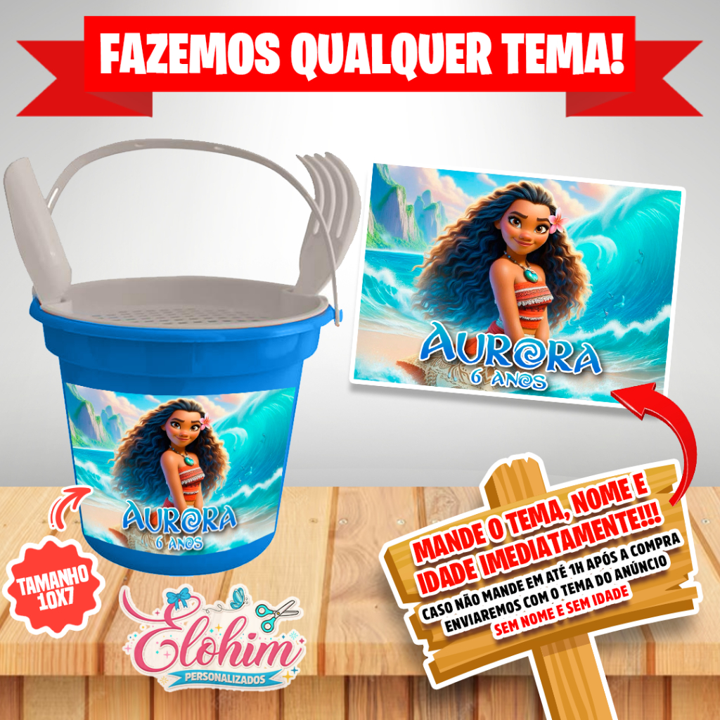 Rótulo Adesivo para personalizar Balde Praia (FAZEMOS QUALQUER TEMA) Moana