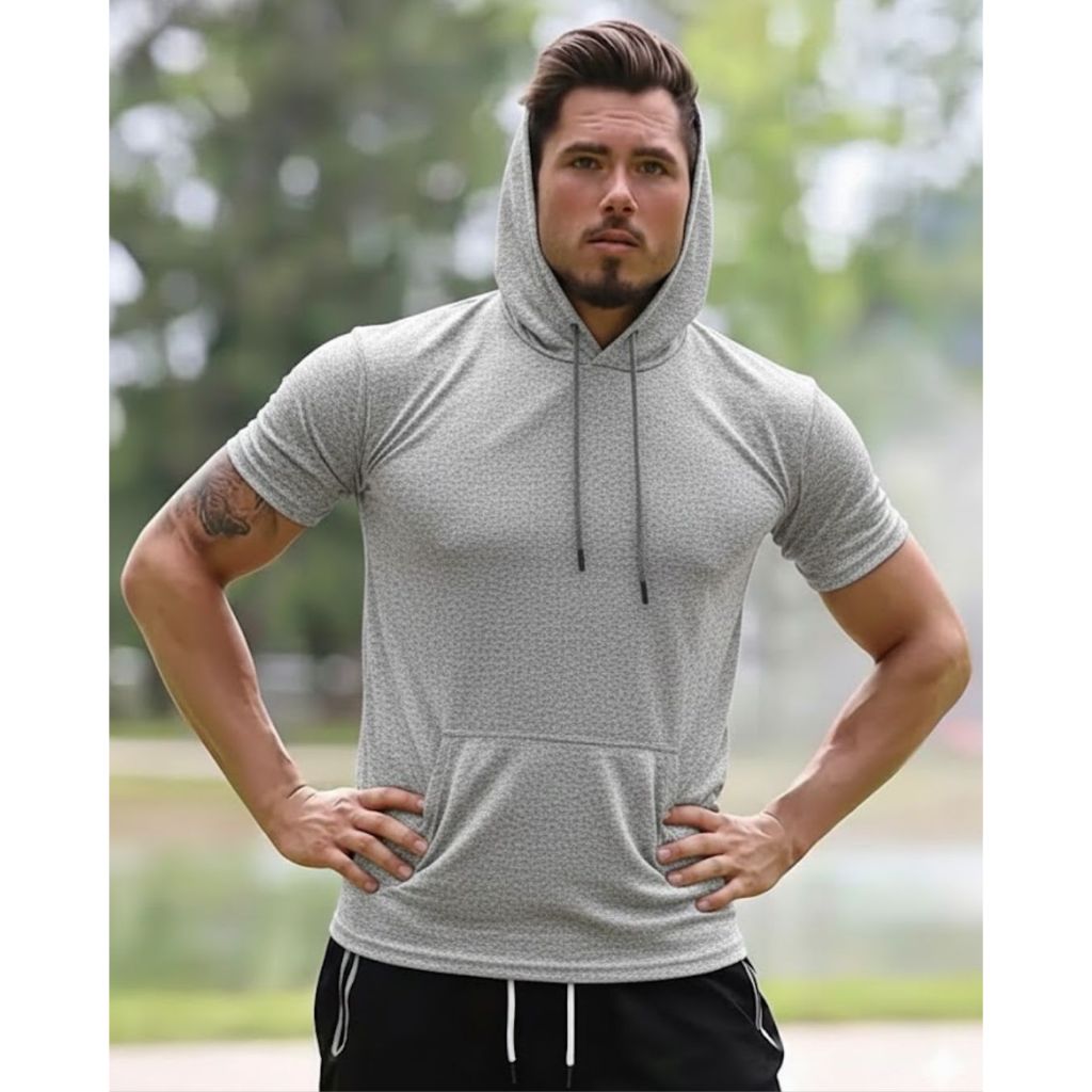 Camiseta com Capuz e Bolso Masculina Manga curta slim Academia Estilosa e Confortável  Dia a Dia