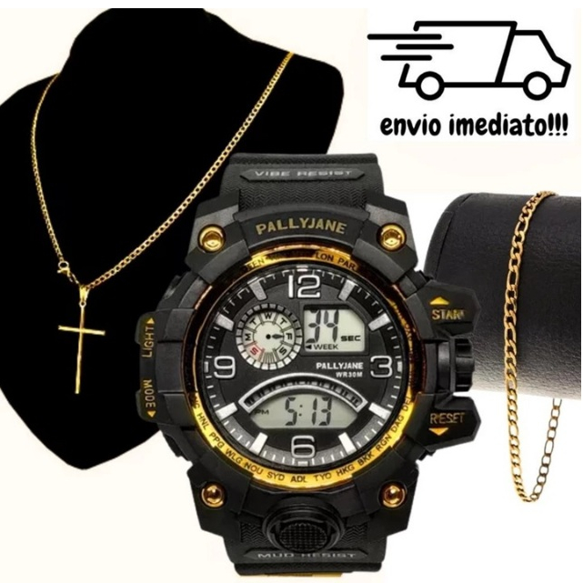 Kit Relógio Masculino Digital Esportivo + Corrente Cruz e Pulseira Presente Luxo