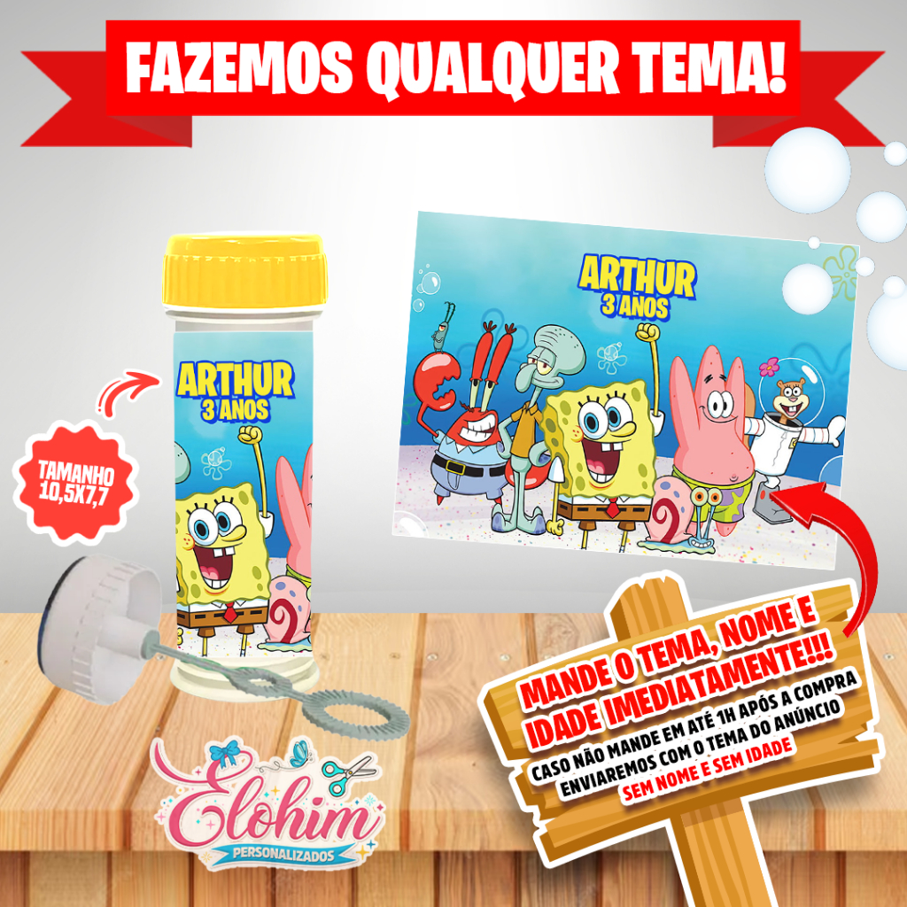 Rótulo Adesivo para personalizar Bolha de Sabão (FAZEMOS QUALQUER TEMA) Bob esponja