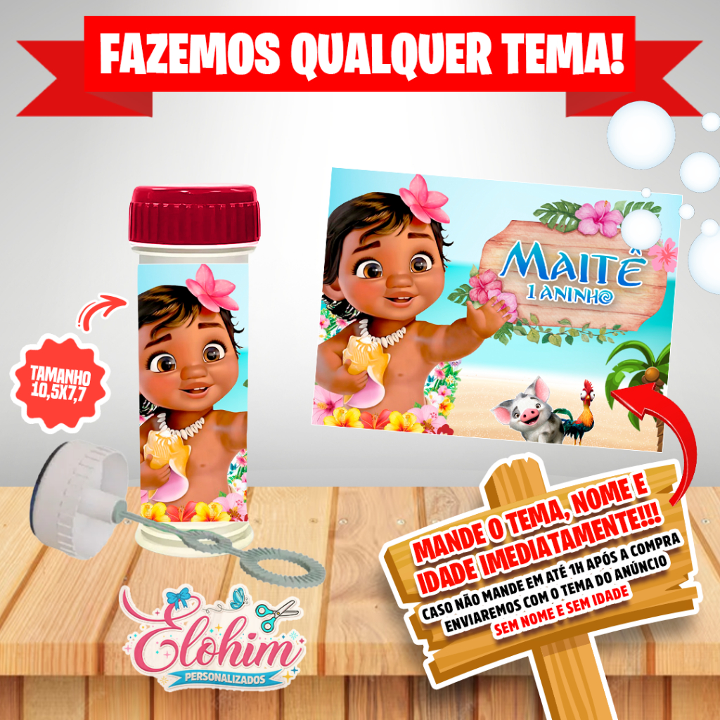 Rótulo Adesivo para personalizar Bolha de Sabão (FAZEMOS QUALQUER TEMA) Moana Baby
