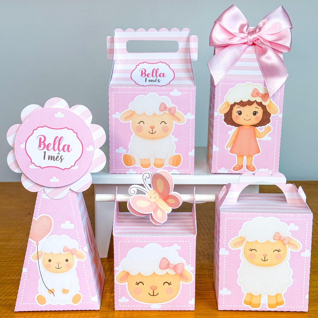 PEGUE E MONTE -  Kit Festa Personalizados OVELHINHA MENINA - Lembrancinhas Caixinhas para festa