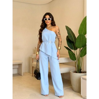 Conjunto Feminino Blusa Um Ombro Elegante Calça Pantalona Chique Com Cinto Fivela Dourado  Nº1110-111610 em Oferta na Shopee