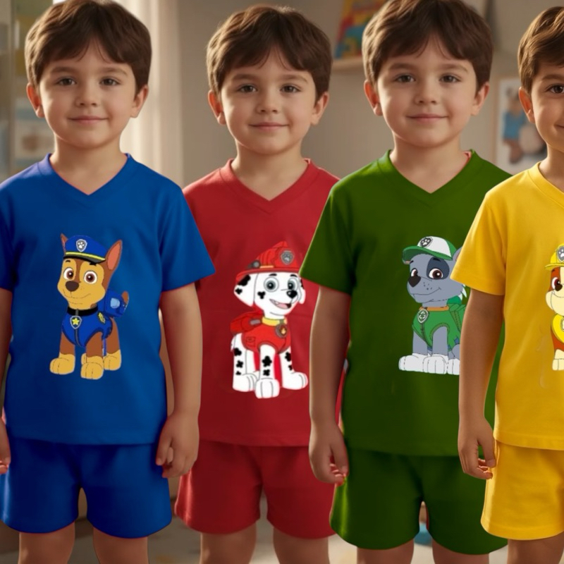 Conjunto Infantil Curto Menino Camiseta Manga Curta + Short - Pijama ou Dia a Dia Confortável Personagem Patrulha Canina