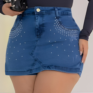 Short Saia Jeans  Plus Size Feminino com Lycra e com brilho do 46 ao 56 em Oferta na Shopee