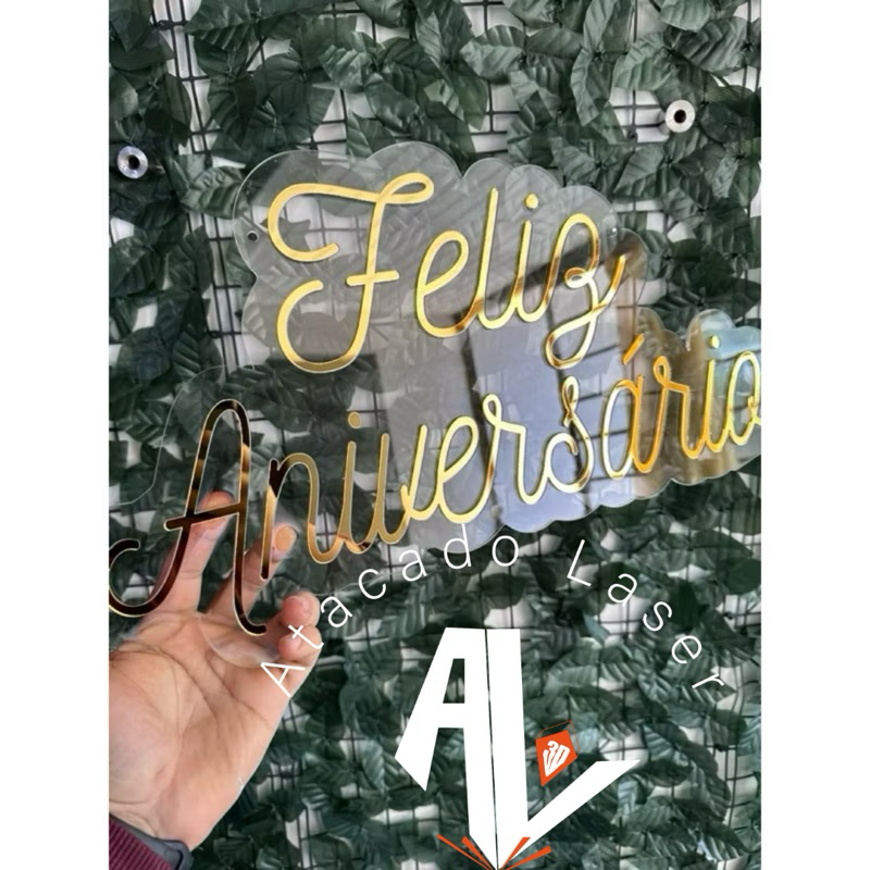 Placa para decoracao Feliz aniversario de acrilico +acrilico espelhado - 50cm