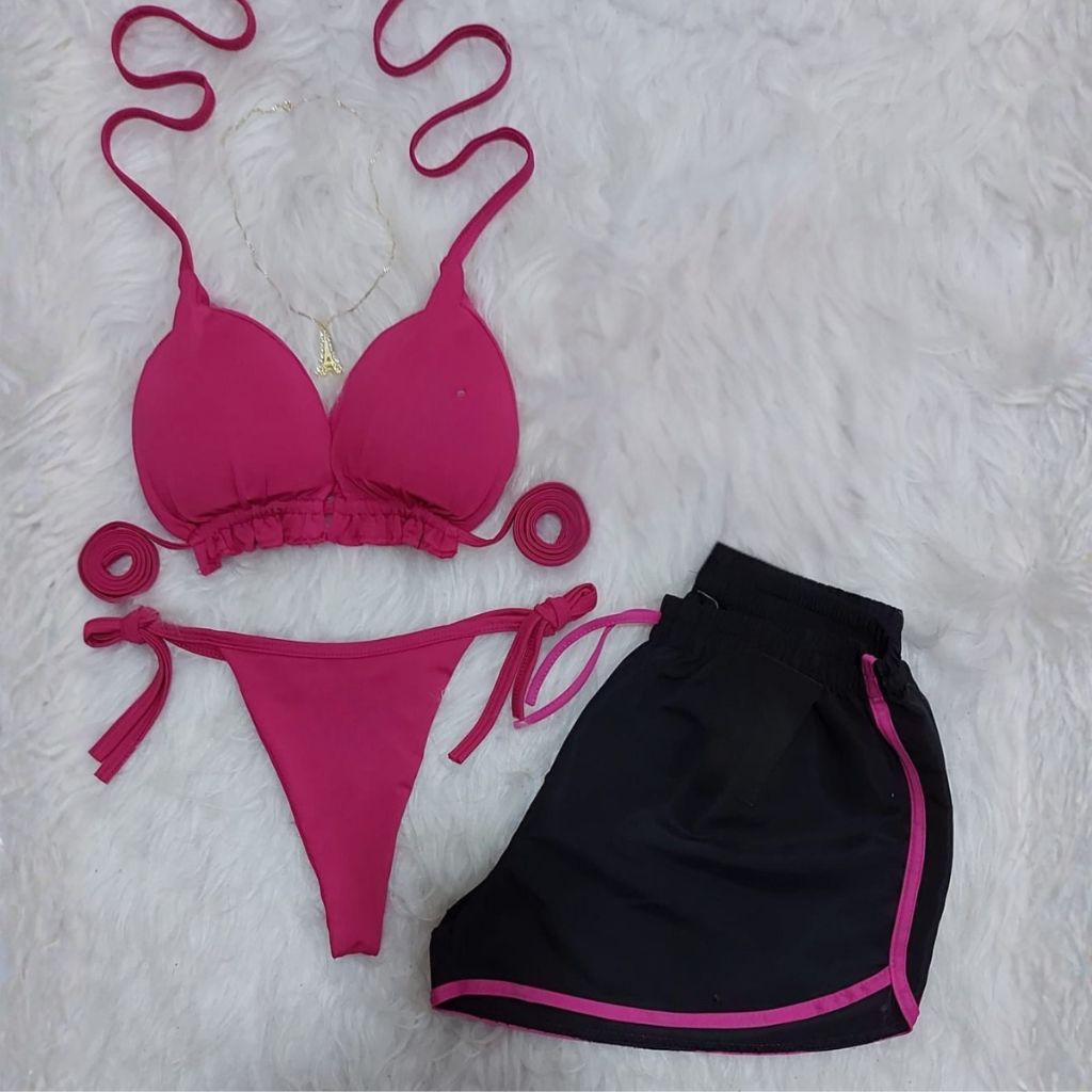 Conjunto Biquini Trio Com Shorts Tactel Moda Praia Verão