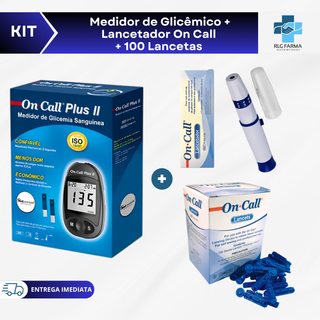 kit Aparelho Medidor de Glicose ON Call Plus II + 1 Lancetador + 100 Lancetas