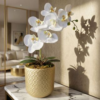 Arranjo Orquídea Siliconada Toque Aparência Real Vaso Dourado Textura Exclusiva em Oferta na Shopee