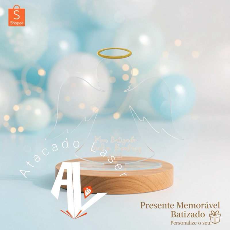 Anjo em acrílico com base e encaixe com aplique dourado, batizado, eucaristia, lembranças personalizado