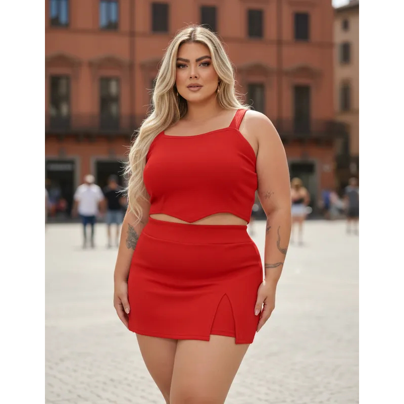 Conjunto Feminino Blusa Cropped + Short Saia  Plus Size em Oferta na Shopee