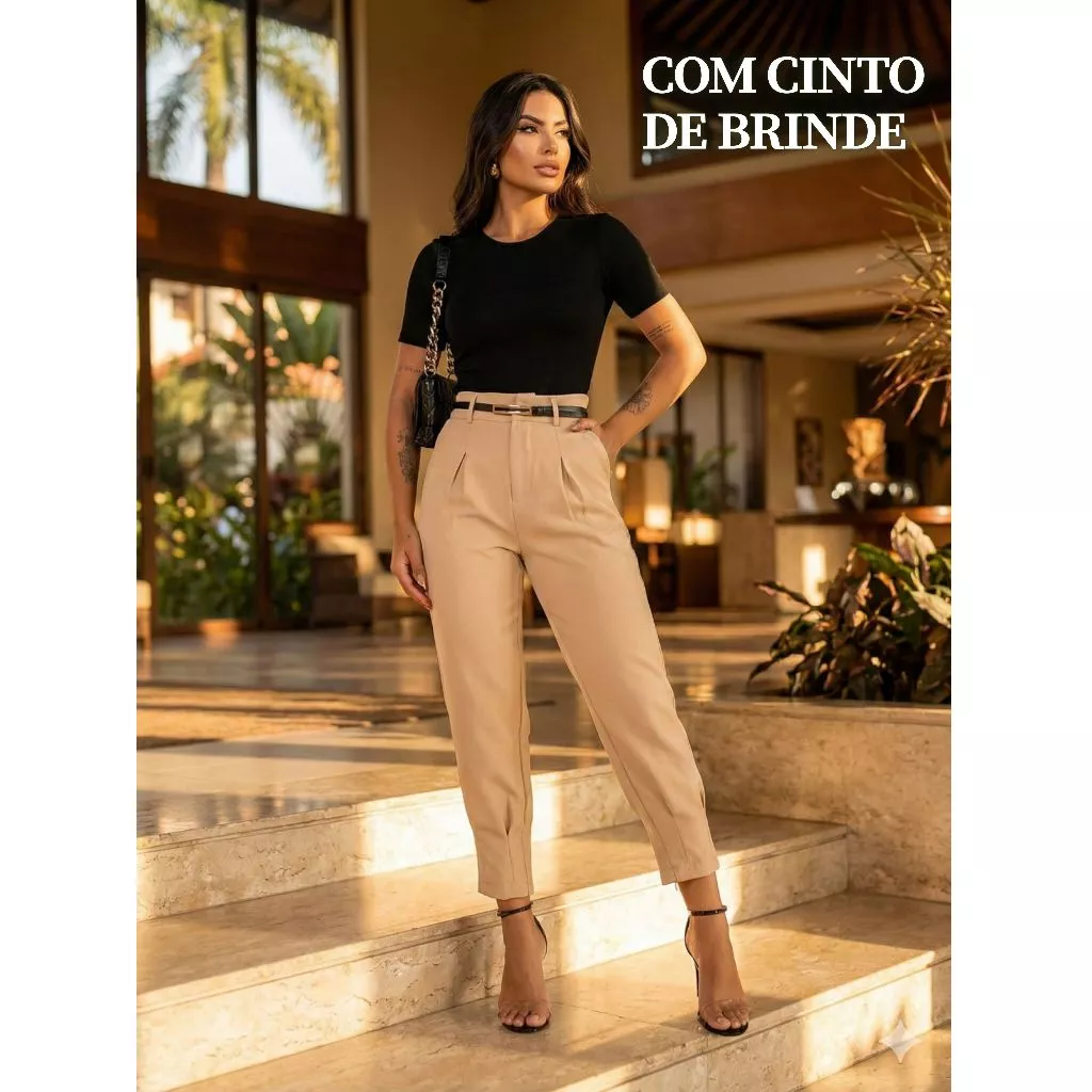 Calça Alfaiataria Feminina Cenoura Elegante Cintura Alta Social Com Cinto Tendência 2026 — imagem 1