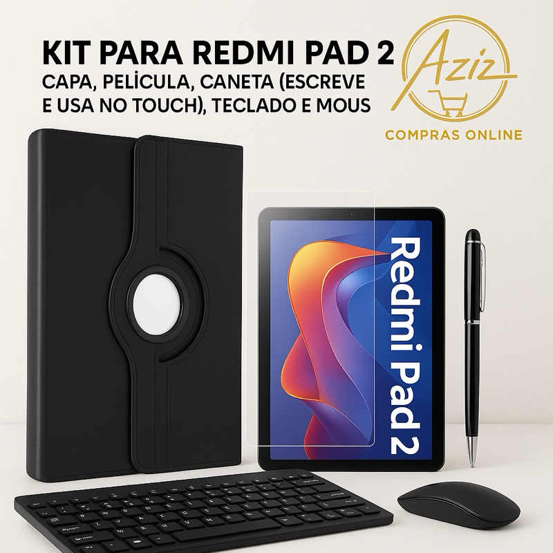 Kit 5 em 1 Redmi Pad 2 (11") TABLET NÃO INCLUSO❌ (Capa 360° +Película de Vidro + Caneta 2 em 1 + Teclado e Mouse Sem Fio