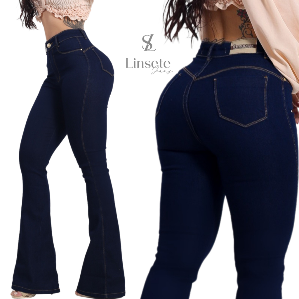 Calça Jeans Flare Feminina Cos Alto Levanta Bumbum Com Lycra Boca De Sino Premium