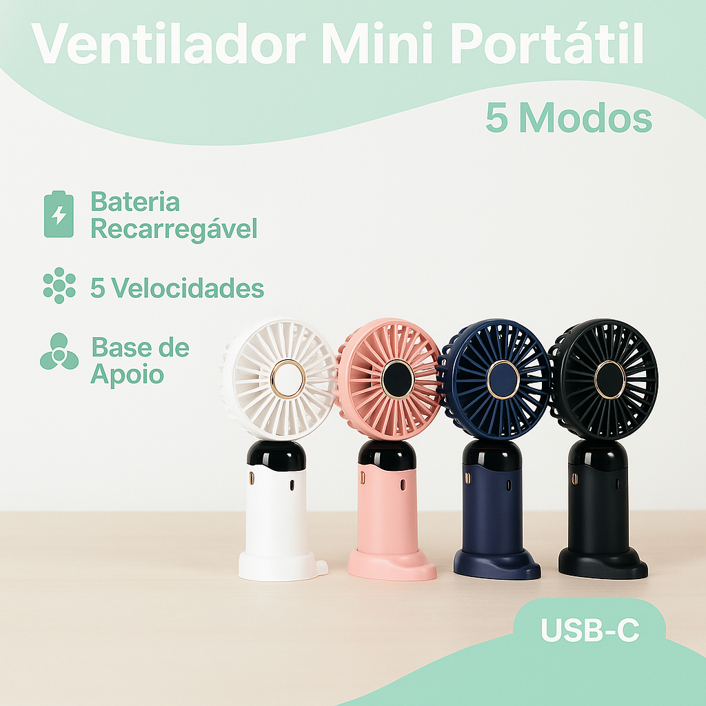Ventilador Mini Portátil 5 Modos Display Digital USB Carregamento para Escritório e Presente