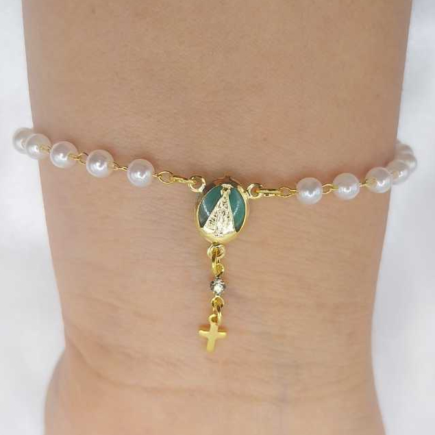 Terço Pulseira De Nossa Senhora Aparecida Com Pérolas Folheados a Ouro / Rosário Religioso