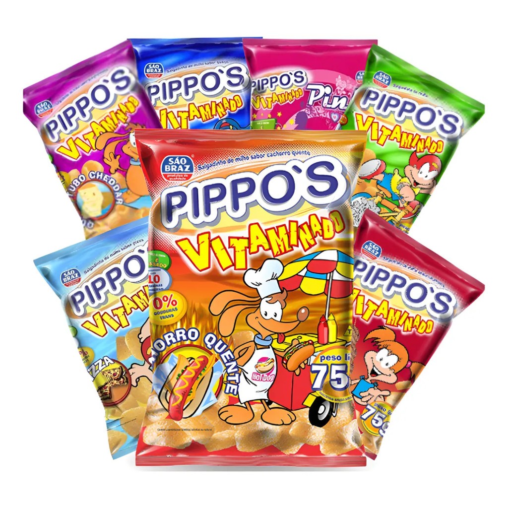 Kit Salgadinho Pippos Vitaminado 75g Original Crocante Sabores Churrasco Cachorro quente Queijo Milho Pizza