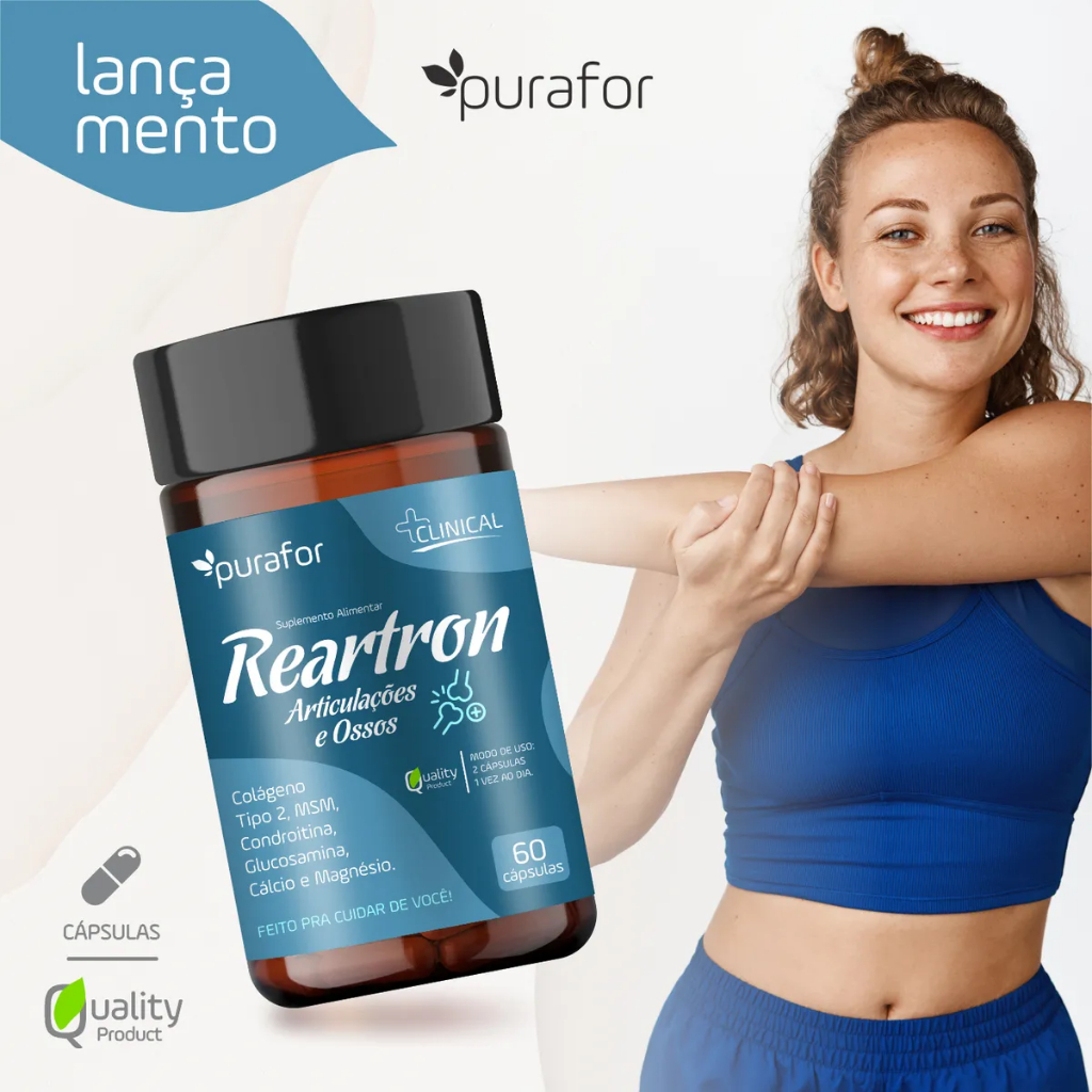 Reartron composto de colágeno tipo 2, para articulações e ossos com MSM, Cálcio,  Magnésio - Purafor