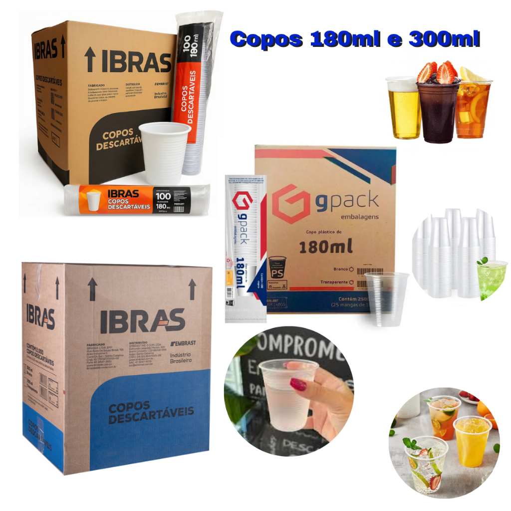 Copo Descartável 180 ml 150 ml 200 ml 300ml Plástico Branco Transparente Translúcido Incolor Caixa 1000 e 2500 Agua Suco